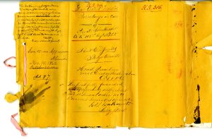 Court Martial Envelope for Murderer's Case (Left third of document is Judge Advocate Joseph Holt's report on the case to President Abraham Lincoln, and Lincoln's signature and approval of the sentence of the murderer - that he be condemned to death).