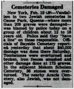 "Cemeteries Damaged." The Kingston Daily Freeman. February 19, 1951. p. 12. via newspapers.com