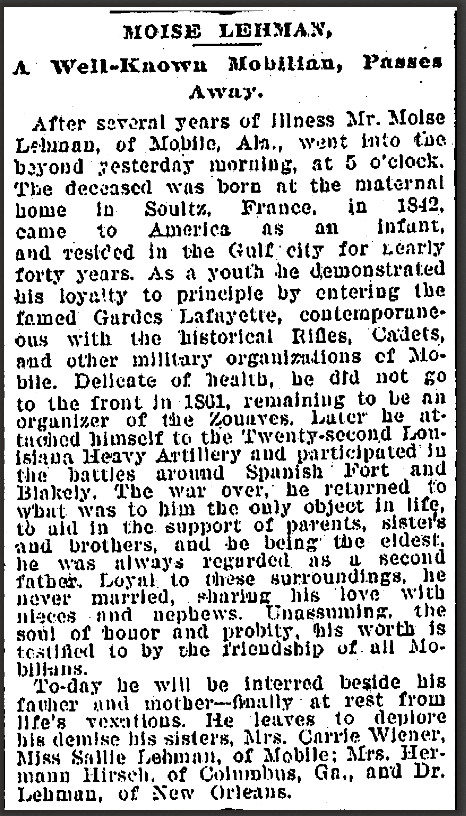 "Moise Lehman, A Well-Known Mobilian, Passes Away." Times-Picayune. January 15, 1894. p. 10. (genealogybank.com) 